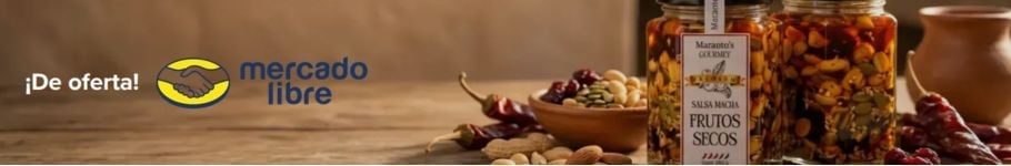 Mercado Libre De Oferta banner showing nuts, herbs bottle, and amber-colored liquid on wooden surface